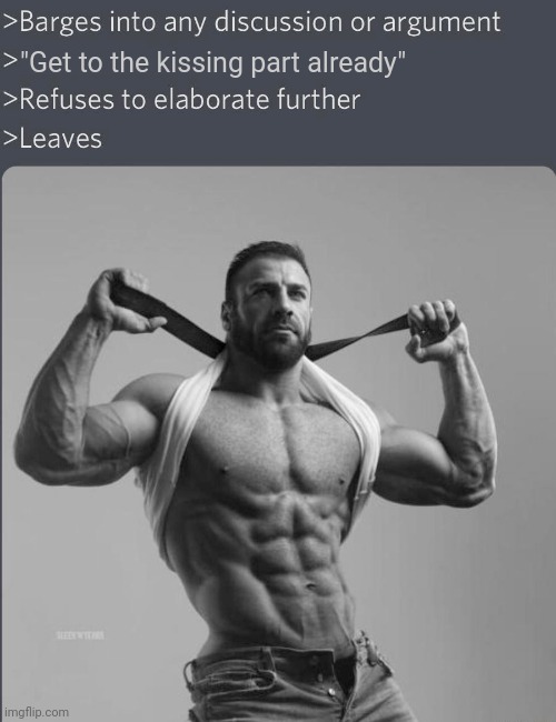Chad barges into discussion (with correct font) | "Get to the kissing part already" | image tagged in chad barges into discussion with correct font | made w/ Imgflip meme maker