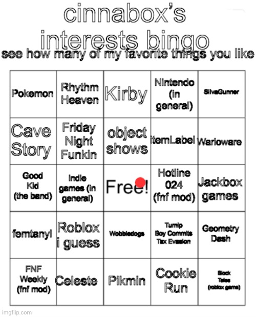 cinnabox’s interests bingo | image tagged in cinnabox s interests bingo | made w/ Imgflip meme maker