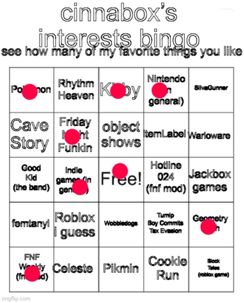 cinnabox’s interests bingo | image tagged in cinnabox s interests bingo | made w/ Imgflip meme maker