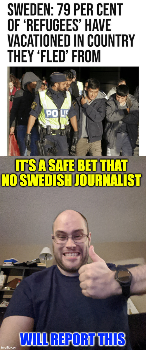 In Sweden they're not allowed to report "refugee" stories like this | IT'S A SAFE BET THAT NO SWEDISH JOURNALIST; WILL REPORT THIS | image tagged in you betcha,more eu censorship | made w/ Imgflip meme maker