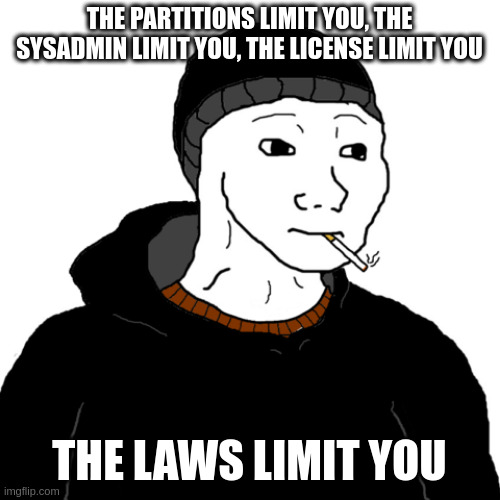 limits | THE PARTITIONS LIMIT YOU, THE SYSADMIN LIMIT YOU, THE LICENSE LIMIT YOU; THE LAWS LIMIT YOU | image tagged in doomer | made w/ Imgflip meme maker