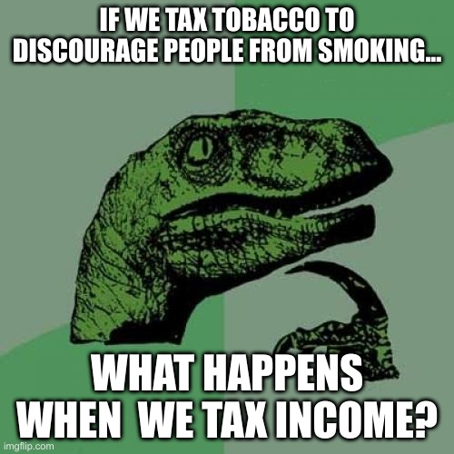 Philosoraptor | IF WE TAX TOBACCO TO DISCOURAGE PEOPLE FROM SMOKING... WHAT HAPPENS WHEN  WE TAX INCOME? | image tagged in memes,philosoraptor | made w/ Imgflip meme maker