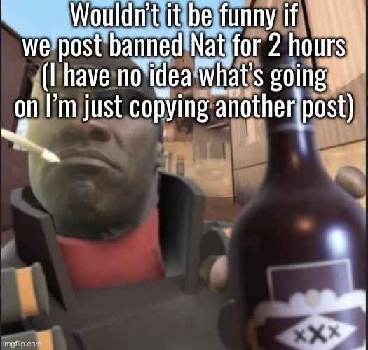 Mostly /j | Wouldn’t it be funny if we post banned Nat for 2 hours (I have no idea what’s going on I’m just copying another post) | image tagged in demoman agreeing | made w/ Imgflip meme maker