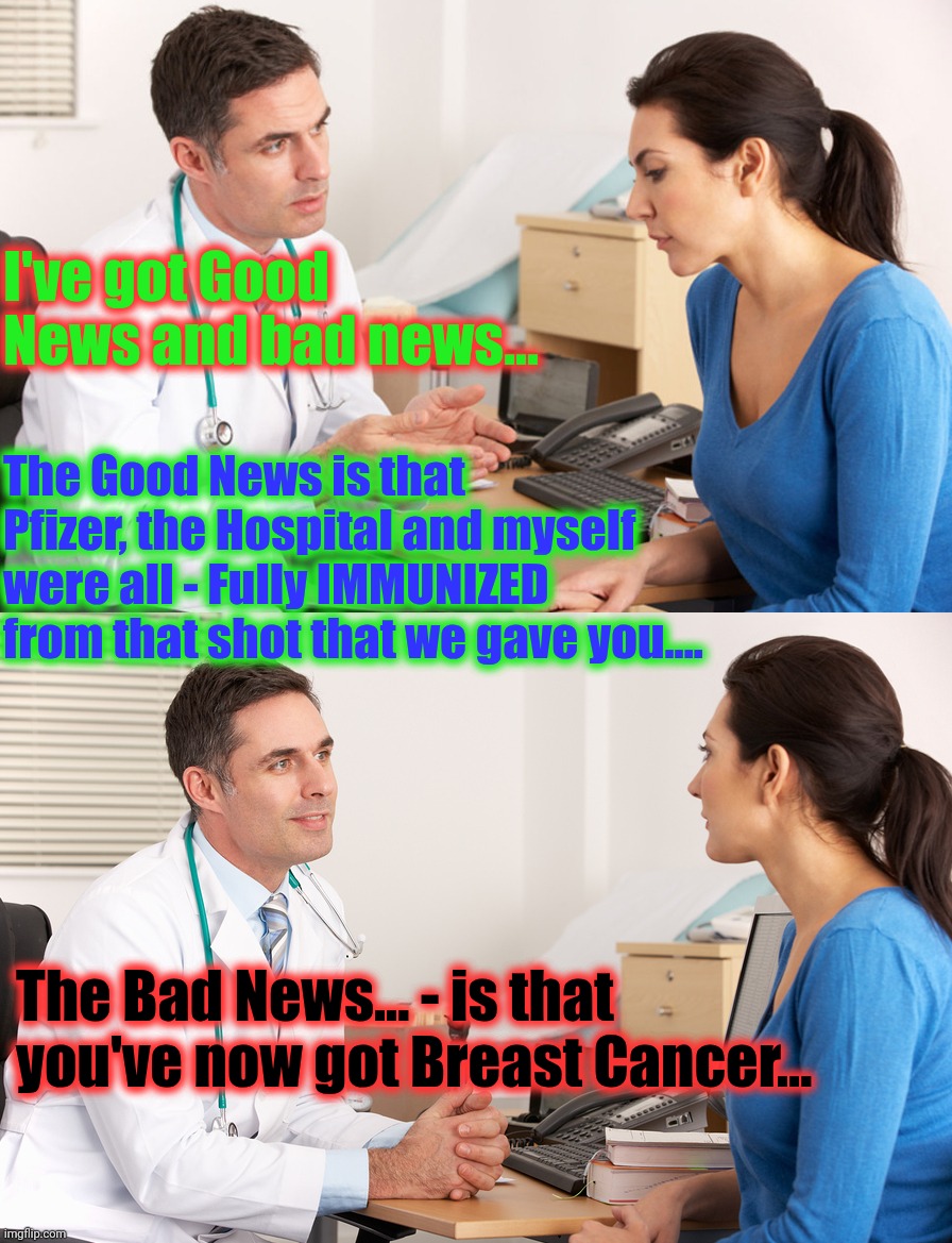 doctor talking to patient | I've got Good News and bad news... The Bad News... - is that you've now got Breast Cancer... The Good News is that Pfizer, the Hospital and  | image tagged in doctor talking to patient | made w/ Imgflip meme maker