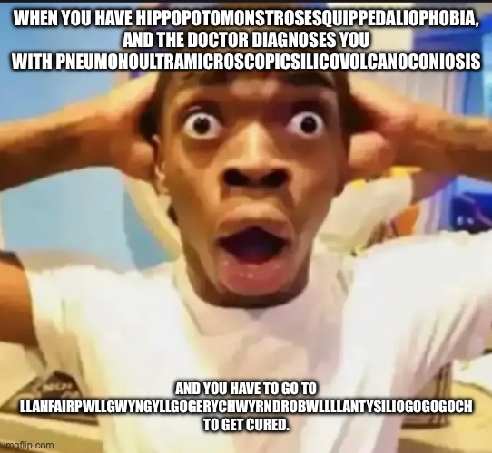 Surprised Black Guy | WHEN YOU HAVE HIPPOPOTOMONSTROSESQUIPPEDALIOPHOBIA,
AND THE DOCTOR DIAGNOSES YOU
WITH PNEUMONOULTRAMICROSCOPICSILICOVOLCANOCONIOSIS; AND YOU HAVE TO GO TO LLANFAIRPWLLGWYNGYLLGOGERYCHWYRNDROBWLLLLANTYSILIOGOGOGOCH TO GET CURED. | image tagged in surprised black guy | made w/ Imgflip meme maker