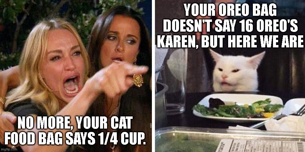 Smudge the cat | YOUR OREO BAG DOESN'T SAY 16 OREO'S KAREN, BUT HERE WE ARE; NO MORE, YOUR CAT FOOD BAG SAYS 1/4 CUP. | image tagged in smudge the cat | made w/ Imgflip meme maker