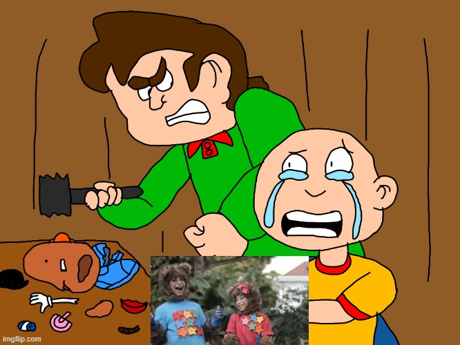 Yoyo and Yaya laughing at Caillou's toy being wrecked by his dad | image tagged in goanimate boris smash caillou s mr potato head | made w/ Imgflip meme maker