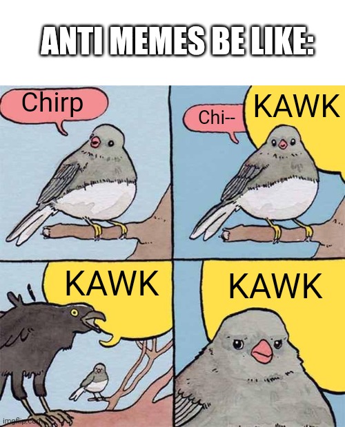 POV: you are da bird | ANTI MEMES BE LIKE:; KAWK; Chirp; Chi--; KAWK; KAWK | image tagged in annoying crow,be like,anti meme | made w/ Imgflip meme maker