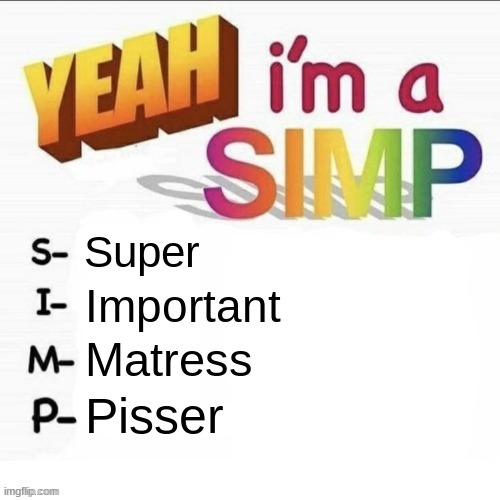 5yo kid lore | Super; Important; Mattress; Pisser | image tagged in yeah im a simp | made w/ Imgflip meme maker