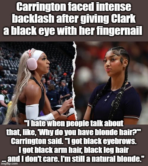 Shes a natural blonde.. LMAO | Carrington faced intense backlash after giving Clark a black eye with her fingernail; "I hate when people talk about that, like, 'Why do you have blonde hair?’" Carrington said. "I got black eyebrows. I got black arm hair, black leg hair … and I don't care. I'm still a natural blonde." | made w/ Imgflip meme maker