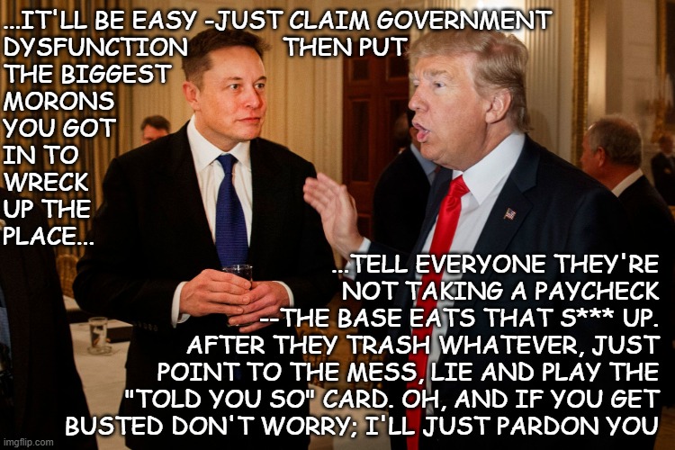 Color Me Cynical Vol. 2 | ...IT'LL BE EASY -JUST CLAIM GOVERNMENT
DYSFUNCTION             THEN PUT
THE BIGGEST 
MORONS
YOU GOT
IN TO
WRECK
UP THE
PLACE... ...TELL EVERYONE THEY'RE
NOT TAKING A PAYCHECK
--THE BASE EATS THAT S*** UP.
AFTER THEY TRASH WHATEVER, JUST
POINT TO THE MESS, LIE AND PLAY THE
"TOLD YOU SO" CARD. OH, AND IF YOU GET
BUSTED DON'T WORRY; I'LL JUST PARDON YOU | image tagged in trump and elon musk,trump unfit unqualified dangerous | made w/ Imgflip meme maker