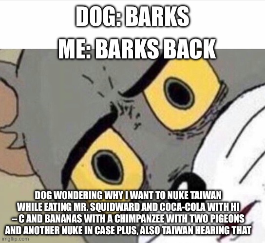 well, this is… Something | ME: BARKS BACK; DOG: BARKS; DOG WONDERING WHY I WANT TO NUKE TAIWAN WHILE EATING MR. SQUIDWARD AND COCA-COLA WITH HI – C AND BANANAS WITH A CHIMPANZEE WITH TWO PIGEONS AND ANOTHER NUKE IN CASE PLUS, ALSO TAIWAN HEARING THAT | image tagged in disturbed tom improved,happy thanksgiving,why are you reading this,why are you reading the tags,why is the fbi here,oh god why | made w/ Imgflip meme maker