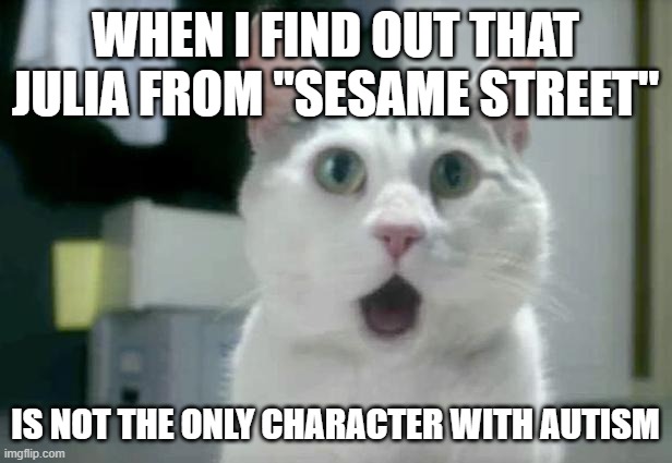 Well, it's never been confirmed, as far as I know, that this other character has it. | WHEN I FIND OUT THAT JULIA FROM "SESAME STREET"; IS NOT THE ONLY CHARACTER WITH AUTISM | image tagged in memes,omg cat,sesame street,autism,omg,pbs kids | made w/ Imgflip meme maker