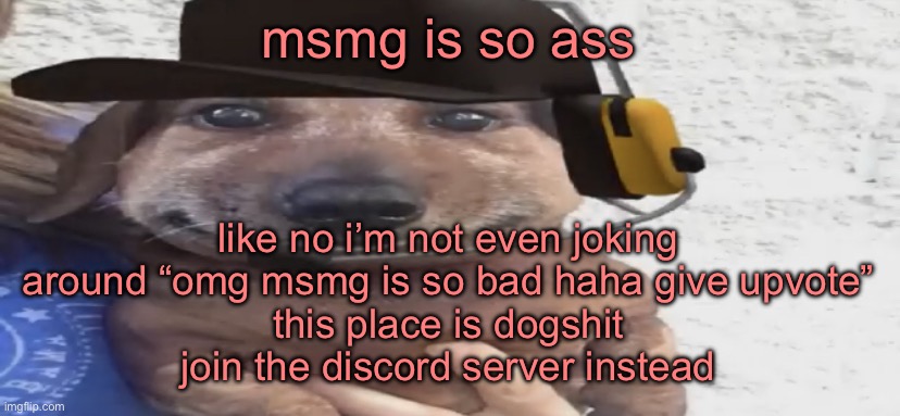 chucklenuts | msmg is so ass; like no i’m not even joking around “omg msmg is so bad haha give upvote”
this place is dogshit
join the discord server instead | image tagged in chucklenuts | made w/ Imgflip meme maker