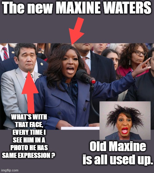 RECLAIMing her time | The new MAXINE WATERS; WHAT'S WITH THAT FACE, EVERY TIME I SEE HIM IN A PHOTO HE HAS SAME EXPRESSION ? Old Maxine is all used up. | made w/ Imgflip meme maker