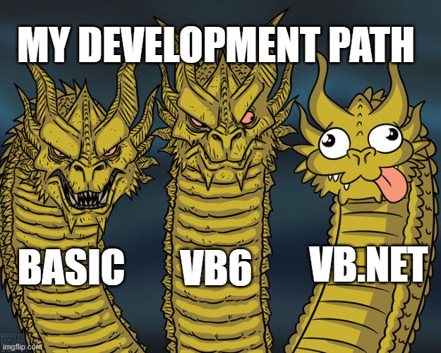 Derpy Dragon | MY DEVELOPMENT PATH; VB6; VB.NET; BASIC | image tagged in derpy dragon | made w/ Imgflip meme maker