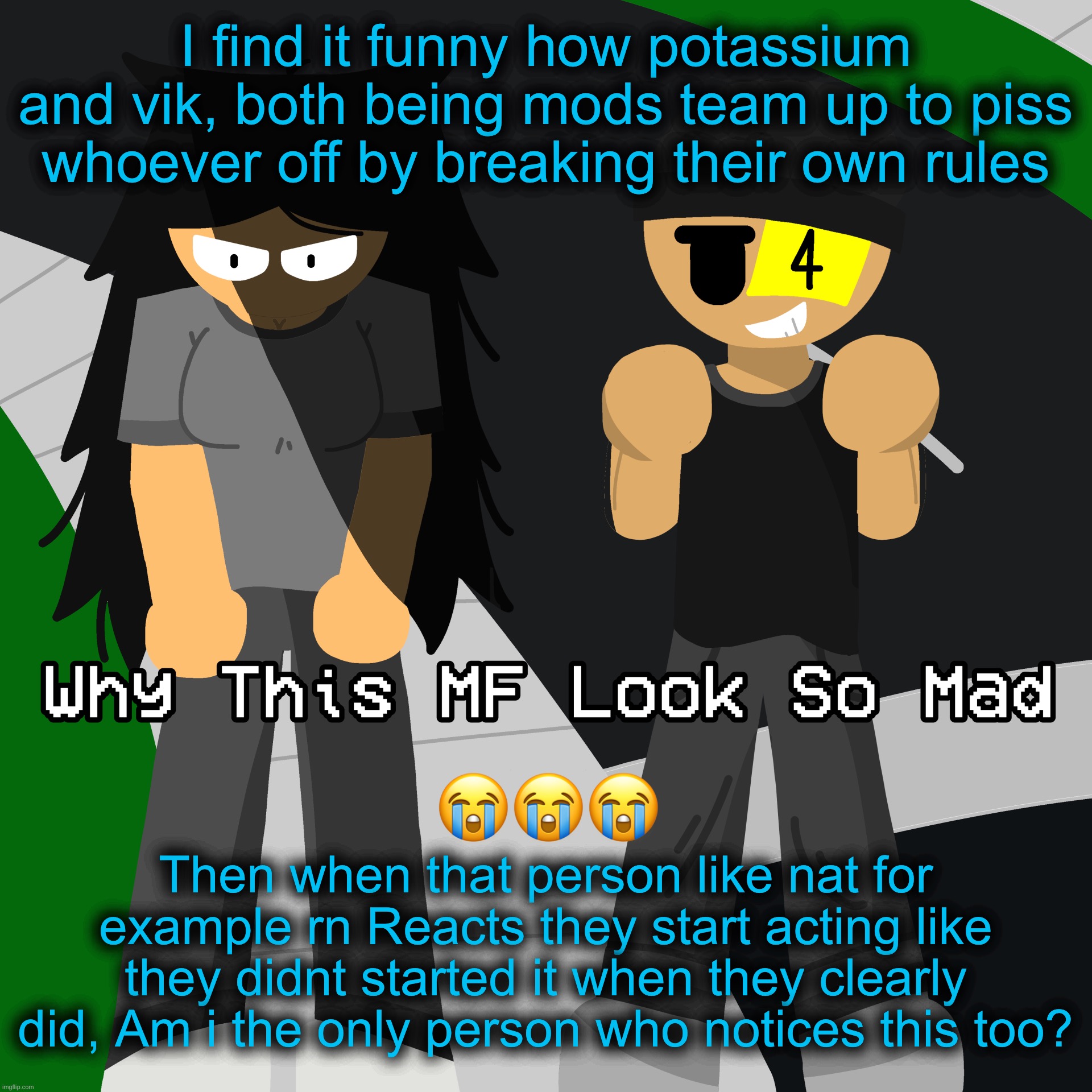 I dont usually make posts regarding these petty 4th grade bullshit fights but i think atp i should see if others understand what | I find it funny how potassium and vik, both being mods team up to piss whoever off by breaking their own rules; Then when that person like nat for example rn Reacts they start acting like they didnt started it when they clearly did, Am i the only person who notices this too? | image tagged in why this mf look so mad | made w/ Imgflip meme maker
