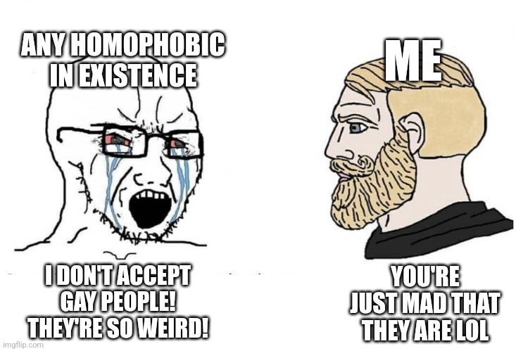 Homosexuality is increasing, but I let those people enjoy who they are. | ANY HOMOPHOBIC IN EXISTENCE; ME; YOU'RE JUST MAD THAT THEY ARE LOL; I DON'T ACCEPT GAY PEOPLE! THEY'RE SO WEIRD! | image tagged in soyboy vs yes chad,memes,funny,why are you reading this | made w/ Imgflip meme maker