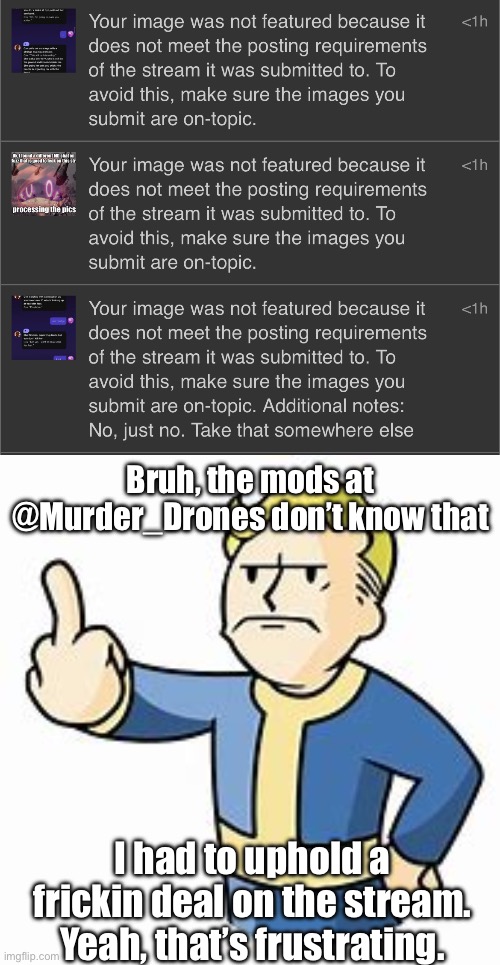 Bruh. | Bruh, the mods at @Murder_Drones don’t know that; I had to uphold a frickin deal on the stream. Yeah, that’s frustrating. | image tagged in fallout guy middle finger | made w/ Imgflip meme maker