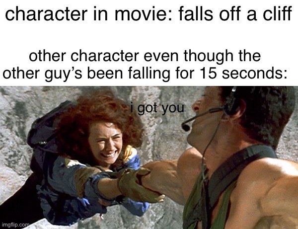 Cliff Hanger | character in movie: falls off a cliff; other character even though the other guy’s been falling for 15 seconds:; i got you | image tagged in funny,memes | made w/ Imgflip meme maker