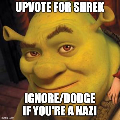 Shrek Sexy Face | UPVOTE FOR SHREK IGNORE/DODGE IF YOU'RE A NAZI | image tagged in shrek sexy face | made w/ Imgflip meme maker