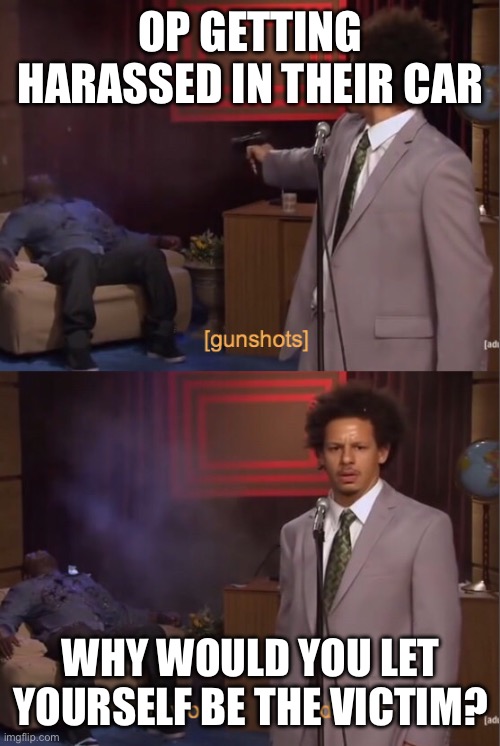 Eric Andre Why would _ do this | OP GETTING HARASSED IN THEIR CAR; WHY WOULD YOU LET YOURSELF BE THE VICTIM? | image tagged in eric andre why would _ do this | made w/ Imgflip meme maker