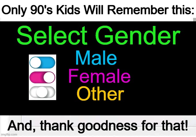 Common Sense is Making a Comeback! | Only 90's Kids Will Remember this:; Select Gender; Male; Female; Other; And, thank goodness for that! | image tagged in political humor,gender confusion,genders,did you just assume my gender,common sense,liberals vs conservatives | made w/ Imgflip meme maker