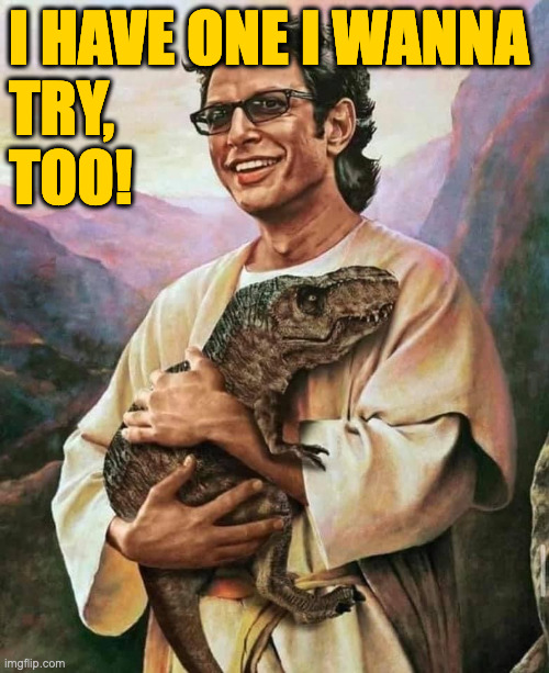 Jeff Goldblum our lord and savior | I HAVE ONE I WANNA
TRY,
TOO! | image tagged in jeff goldblum our lord and savior | made w/ Imgflip meme maker