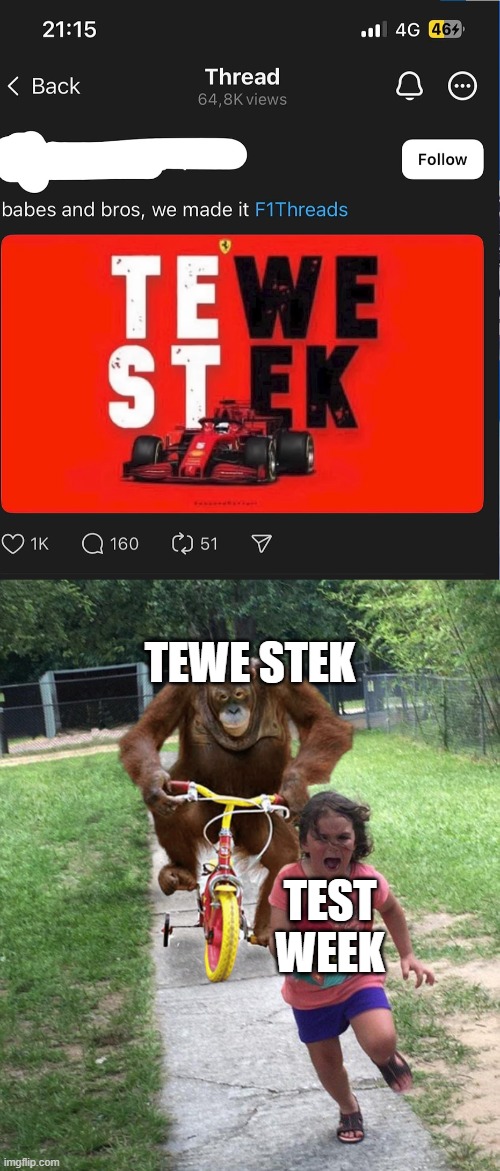 real | TEWE STEK; TEST
WEEK | image tagged in orangutan chasing girl on a tricycle | made w/ Imgflip meme maker