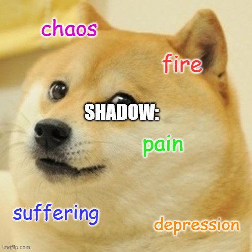 Shadow be like | chaos; fire; SHADOW:; pain; suffering; depression | image tagged in memes,doge | made w/ Imgflip meme maker