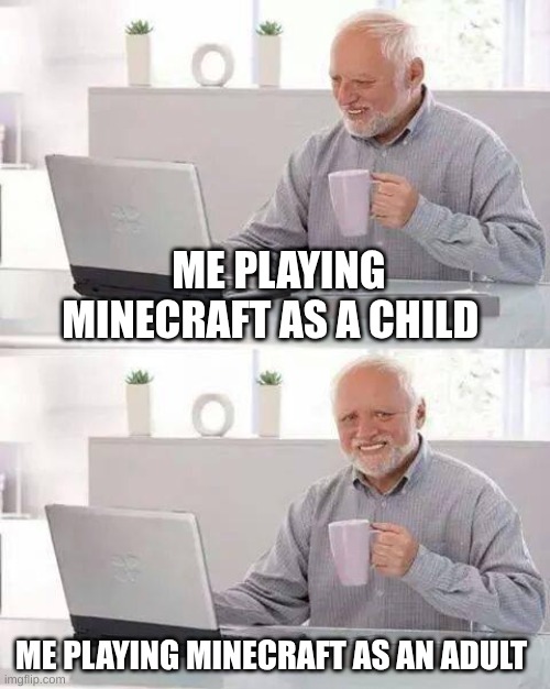 ME ANd my dad | ME PLAYING MINECRAFT AS A CHILD; ME PLAYING MINECRAFT AS AN ADULT | image tagged in memes,hide the pain harold | made w/ Imgflip meme maker