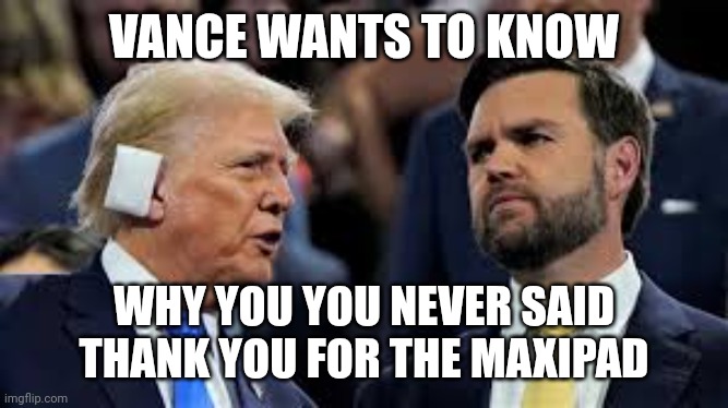 For both heavy and fake flow | VANCE WANTS TO KNOW; WHY YOU YOU NEVER SAID THANK YOU FOR THE MAXIPAD | image tagged in trump and jd vance,donald trump,thank you,maga,fake people | made w/ Imgflip meme maker