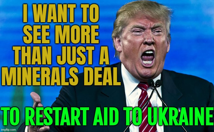 Trump Wants To See More Than Just A Minerals Deal | I WANT TO
SEE MORE
THAN JUST A
MINERALS DEAL; TO RESTART AID TO UKRAINE | image tagged in angry trump,donald trump,world war 3,breaking news,vladimir putin,russo-ukrainian war | made w/ Imgflip meme maker