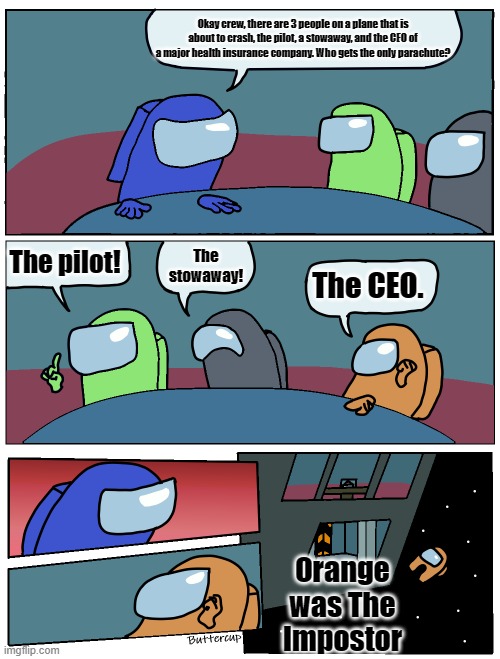 I can't be the only person who thinks this. | Okay crew, there are 3 people on a plane that is about to crash, the pilot, a stowaway, and the CEO of a major health insurance company. Who gets the only parachute? The pilot! The stowaway! The CEO. Orange was The Impostor | image tagged in among us meeting,health insurance,plane crash,not enough parachutes | made w/ Imgflip meme maker