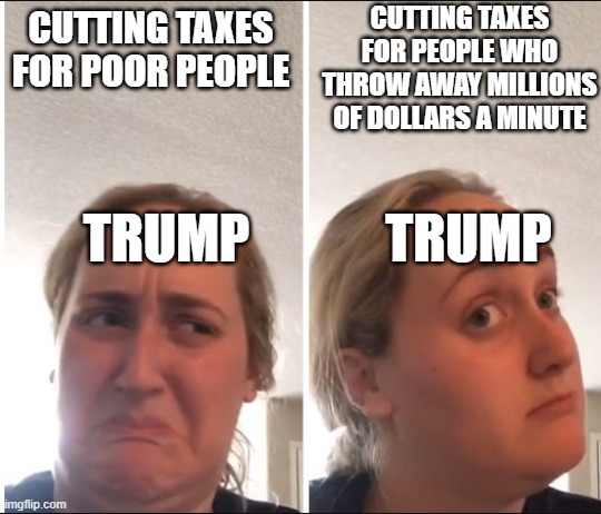 Kombucha Girl | CUTTING TAXES FOR PEOPLE WHO THROW AWAY MILLIONS OF DOLLARS A MINUTE; CUTTING TAXES FOR POOR PEOPLE; TRUMP; TRUMP | image tagged in kombucha girl | made w/ Imgflip meme maker