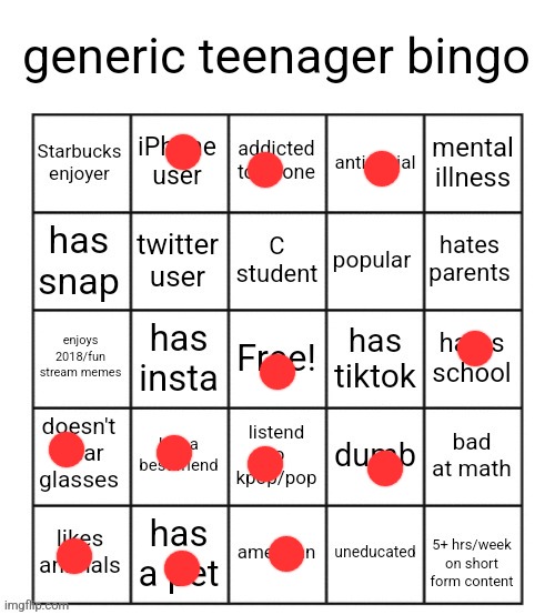 generic teenager bingo | image tagged in generic teenager bingo | made w/ Imgflip meme maker