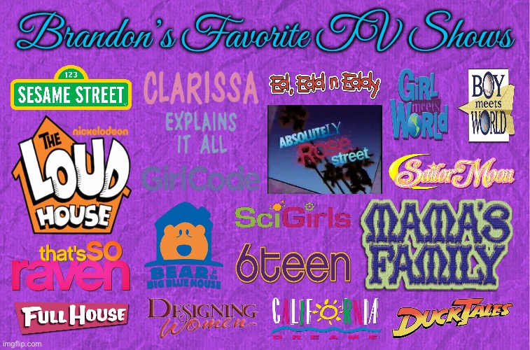 Brandon's Favorite TV Shows | Brandon’s Favorite TV Shows | image tagged in generic purple background,sesame street,the loud house,ducktales,sailor moon,full house | made w/ Imgflip meme maker