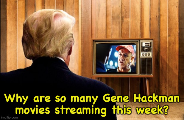 Trump trying to think | Why are so many Gene Hackman movies streaming this week? | image tagged in trump watching tv | made w/ Imgflip meme maker