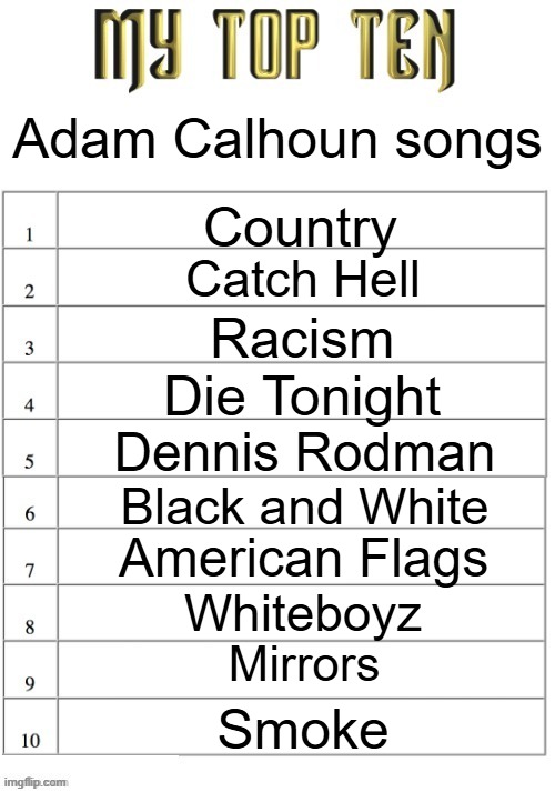 Top ten list better | Adam Calhoun songs; Country; Catch Hell; Racism; Die Tonight; Dennis Rodman; Black and White; American Flags; Whiteboyz; Mirrors; Smoke | image tagged in top ten list better | made w/ Imgflip meme maker