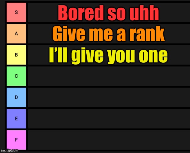 Tier List | Bored so uhh; Give me a rank; I’ll give you one | image tagged in tier list | made w/ Imgflip meme maker