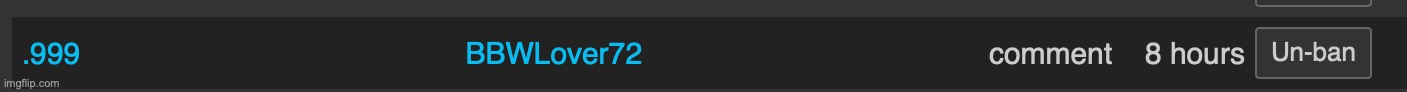 Comment banned BBWLover72 for 8 hours for excessively spamming YouTube links in another person's comment section | made w/ Imgflip meme maker