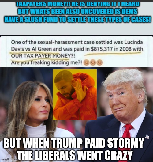 Now Al Green does it and it's ok? | BUT WHEN TRUMP PAID STORMY 
THE LIBERALS WENT CRAZY | image tagged in donald and melania trump | made w/ Imgflip meme maker