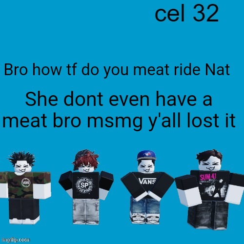 Ok like use ur brains??? | Bro how tf do you meat ride Nat; She dont even have a meat bro msmg y'all lost it | image tagged in cel 32 | made w/ Imgflip meme maker