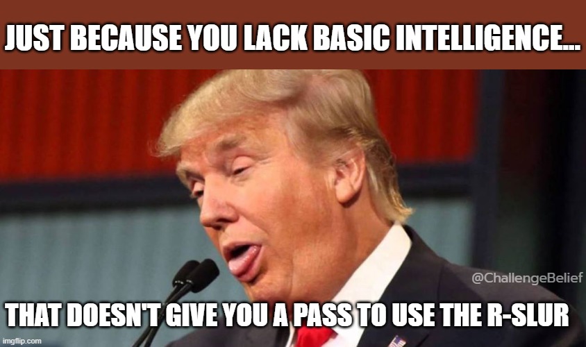 Dummies who use the R-word | JUST BECAUSE YOU LACK BASIC INTELLIGENCE... @ChallengeBelief; THAT DOESN'T GIVE YOU A PASS TO USE THE R-SLUR | image tagged in trumptard,slur,r-word | made w/ Imgflip meme maker