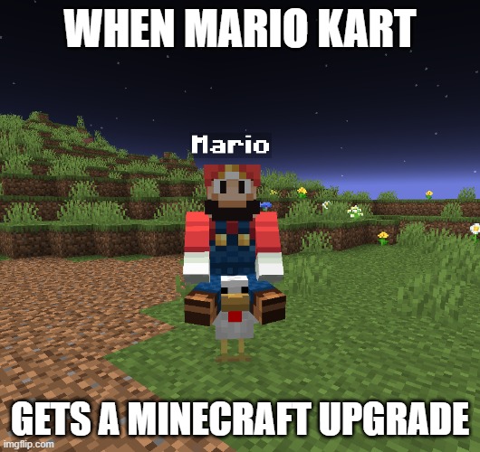 Minecraft Mario Kart | WHEN MARIO KART; GETS A MINECRAFT UPGRADE | image tagged in minecraft,minecraft memes,mario,mario kart,chicken | made w/ Imgflip meme maker