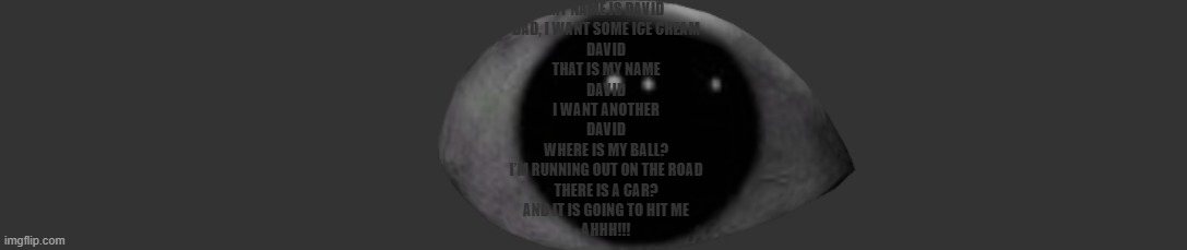 imgflip dark theme | MY NAME IS DAVID
DAD, I WANT SOME ICE CREAM
DAVID
THAT IS MY NAME
DAVID
I WANT ANOTHER
DAVID
WHERE IS MY BALL?
I’M RUNNING OUT ON THE ROAD
THERE IS A CAR?
AND IT IS GOING TO HIT ME
AHHH!!! | image tagged in imgflip dark theme | made w/ Imgflip meme maker