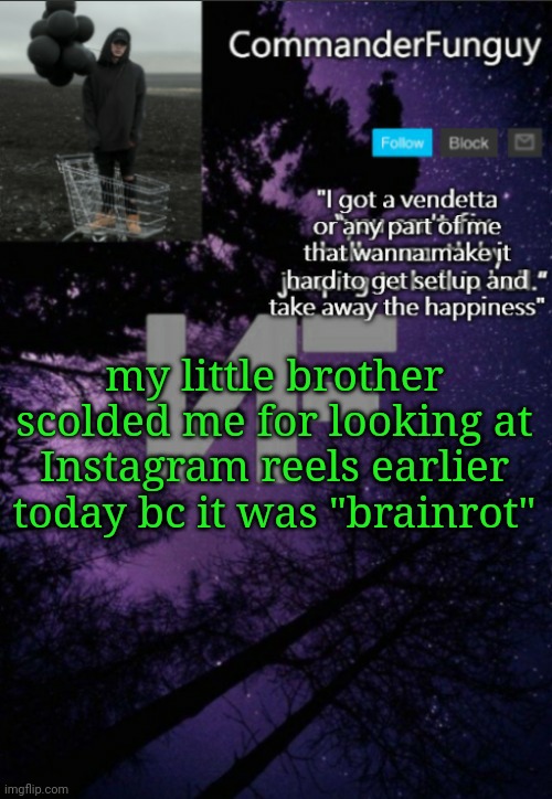 LMFAO | my little brother scolded me for looking at Instagram reels earlier today bc it was "brainrot" | image tagged in commanderfunguy nf template thx yachi | made w/ Imgflip meme maker