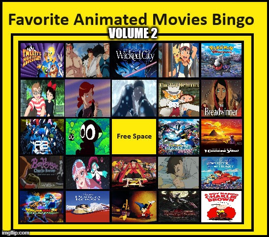 favorite animated movies bingo volume 2 | image tagged in favorite animated movies bingo 2,volume 2,studio ghibli,pokemon,peanuts,cinema | made w/ Imgflip meme maker