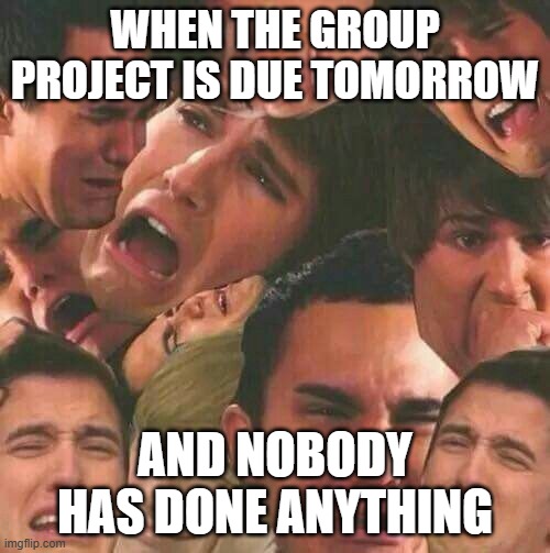 group project | WHEN THE GROUP PROJECT IS DUE TOMORROW; AND NOBODY HAS DONE ANYTHING | image tagged in memes | made w/ Imgflip meme maker