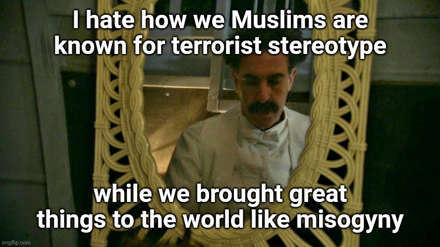 Borat sad in mirror | I hate how we Muslims are known for terrorist stereotype; while we brought great things to the world like misogyny | image tagged in borat sad in mirror | made w/ Imgflip meme maker